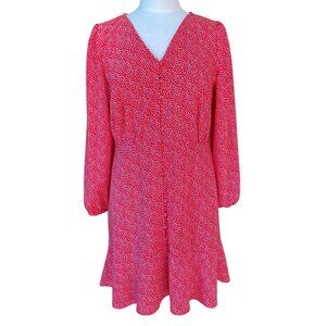 Loft Heart Print Button Front Dress Sz 10 Red White Long Sleeve Chiffon